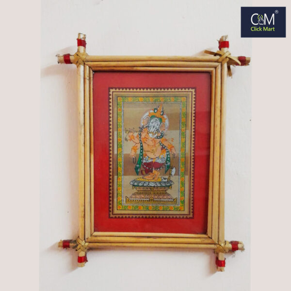Dancing Ganesha Playing Flute Pattachitra Wall Art in Eco-Friendly Bamboo Frame | Divine Hindu Decor for Home and Office